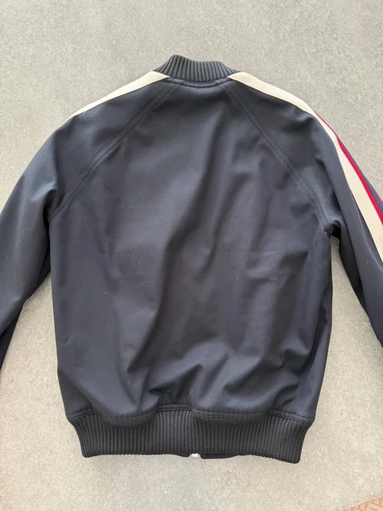 Sandro Navy Bomber Jacket with Red and Cream Striped Sleeves - Picture 3 of 8